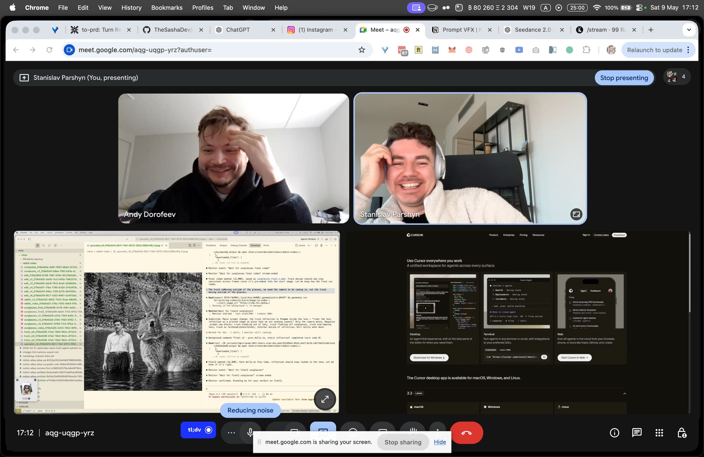 A still from a Google Meet call. Two men laughing — one covers his face with both hands, the other has his eyes closed in a wide grin.