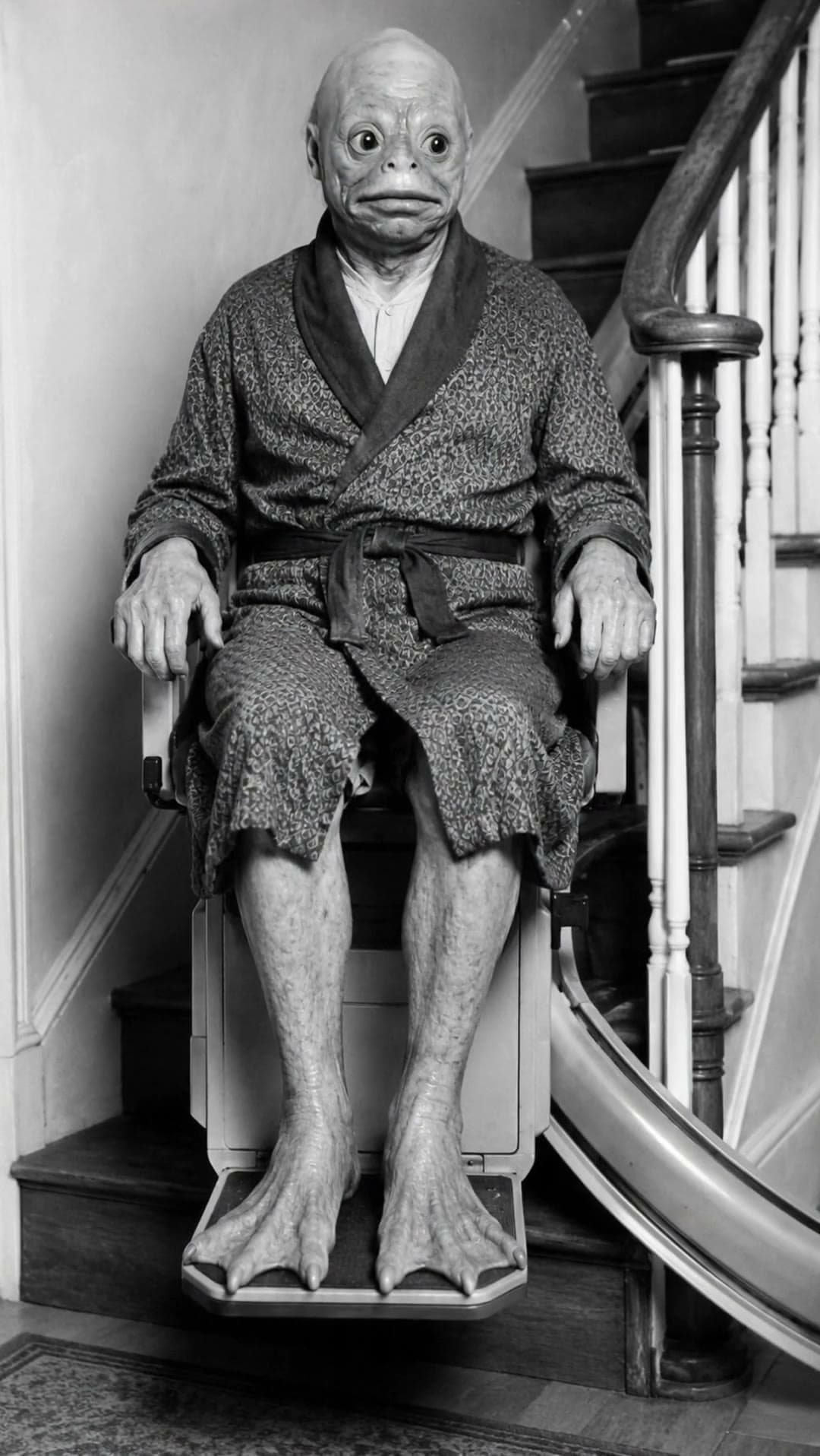 A black-and-white figure with a fish-like, scaled head and bare reptilian feet, wearing a patterned bathrobe, riding a wooden-staircase stair-lift down toward the camera.